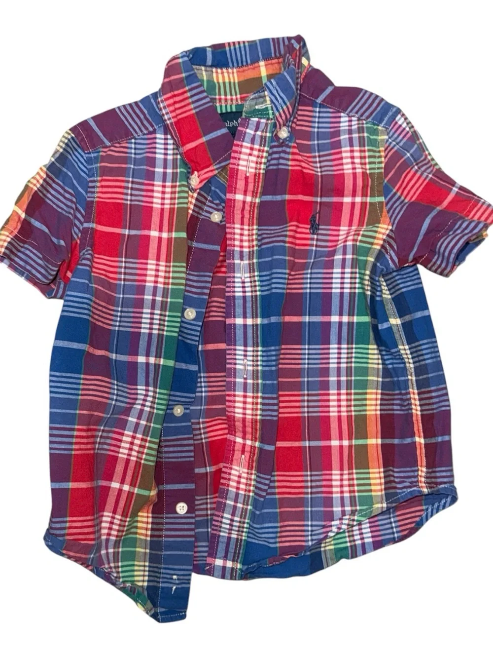 Ralph Lauren Toddler Boys Red Blue Plaid Short Sleeve Button Down Shirt 2T